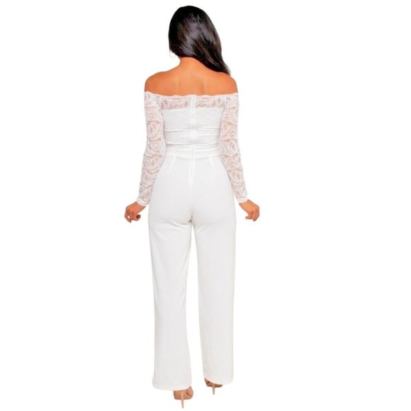 White Cold Shoulder Jumpsuit with Long Sleeves and Tie Belt SMALL - Picture 4 of 5